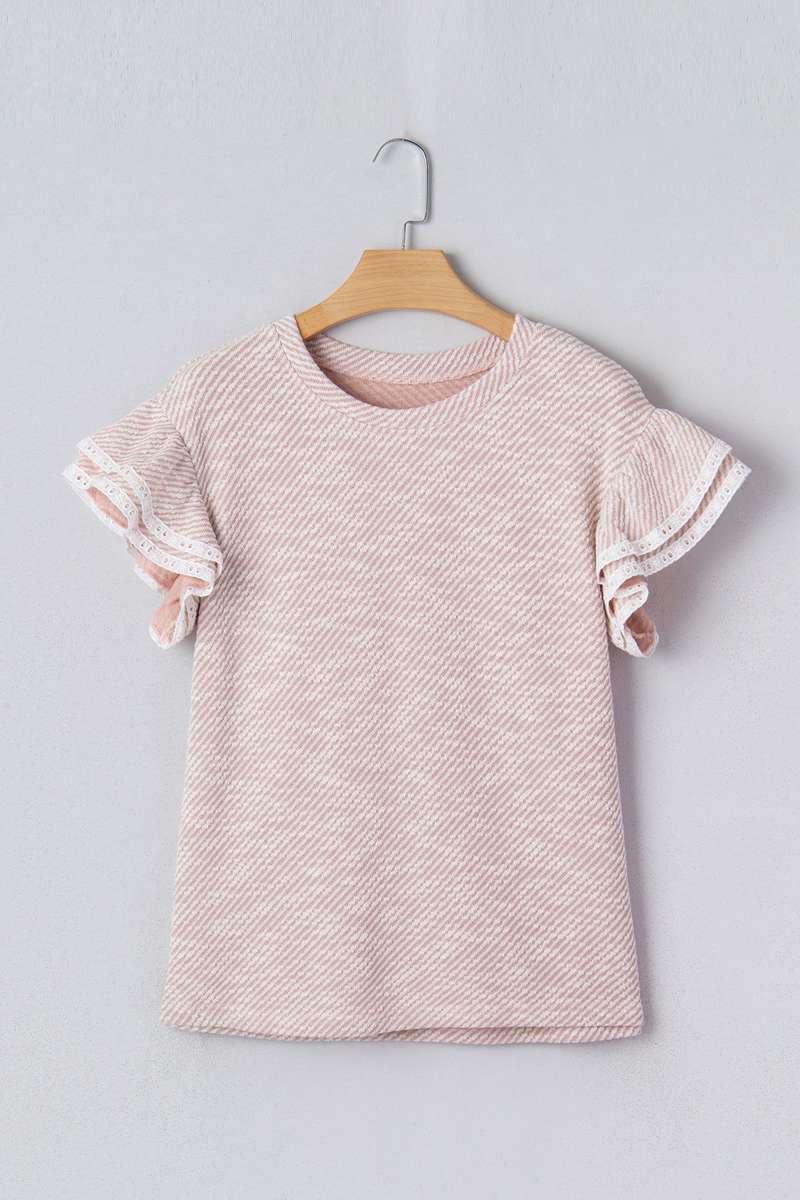 Light Pink Twilled Print Lace Trim Ruffled Short Sleeve Blouse