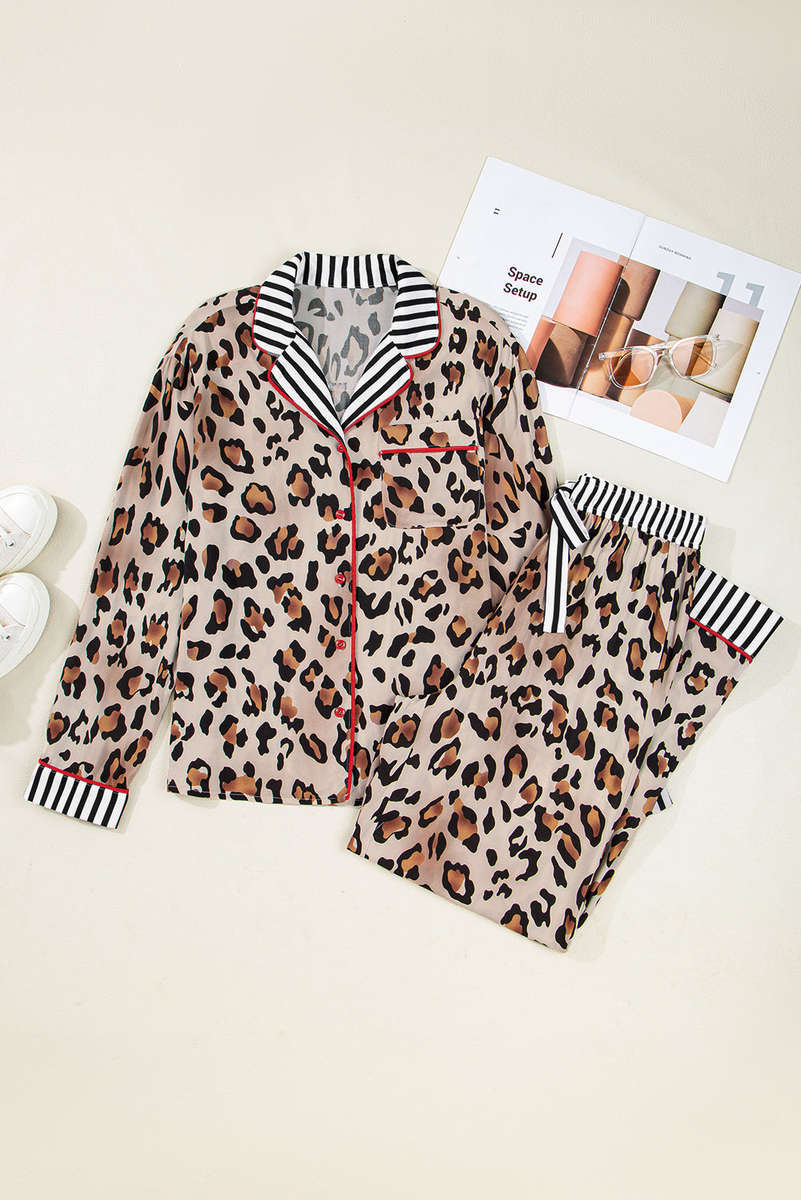Khaki Leopard Print Colorblock Striped Edge Shirt and Pants Pajama Set