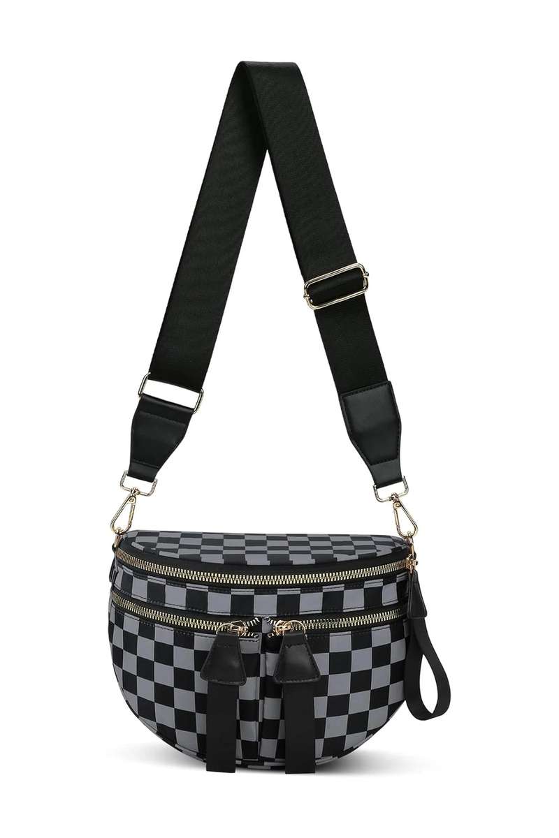 Dirty blue Checkered Print Multi Pocket Zipped Canvas Crossbody Bag