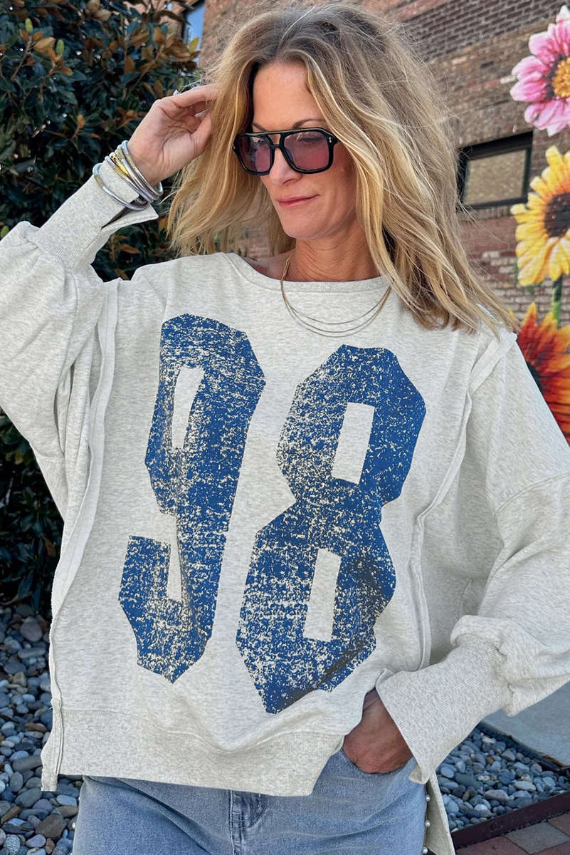 Light Grey Faded Varsity Print Loose Pullover Top