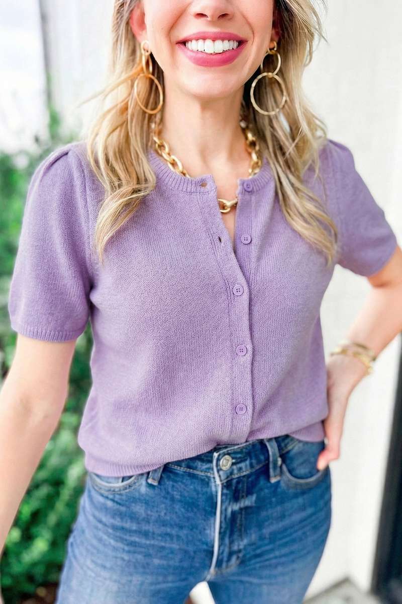 Orchid Petal Short Sleeve Soft Cardigan Sweater T Shirt