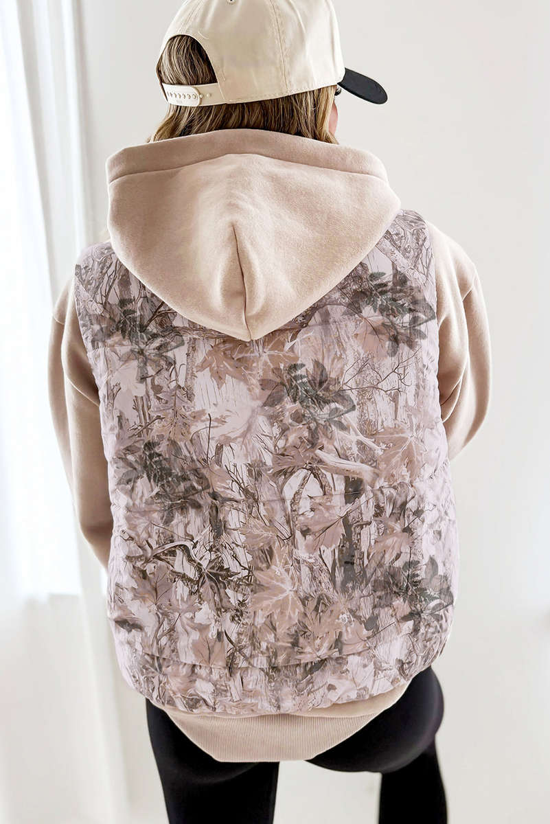Brown Camo Leaf Print Winter Puffer Vest
