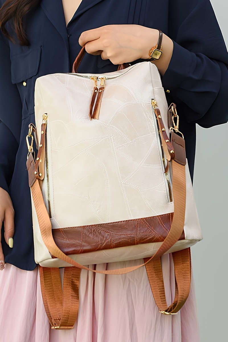 White Multi Compartment Zipper PU Leather Large Capacity Backpack