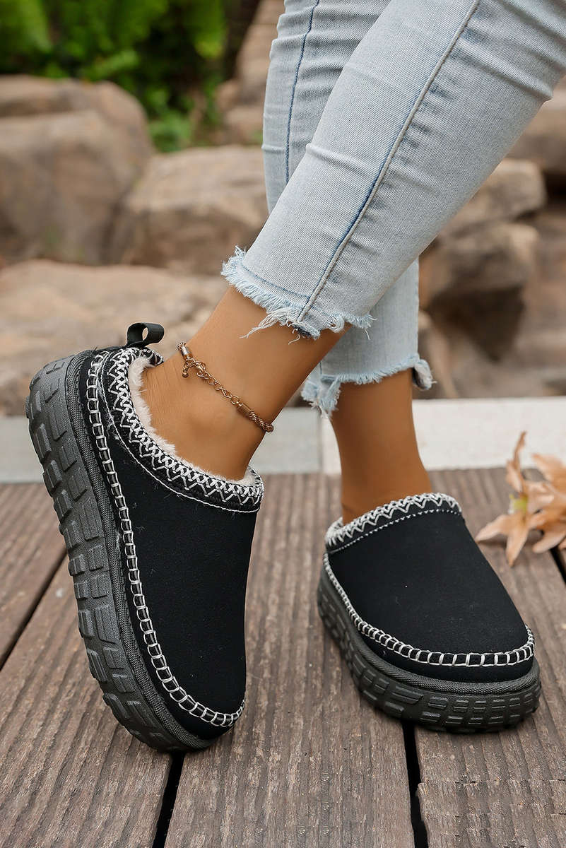 Black Contrast Stitch Detail Faux Suede PU Patchwork Plush Winter Clog Slippers