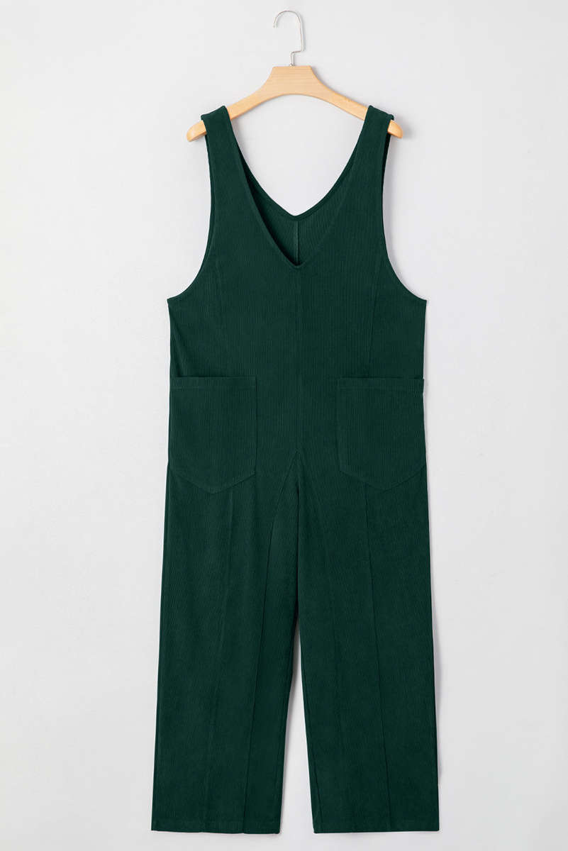 Evergreen Corduroy V Neck Patched Pocket Sleeveless Jumpsuit