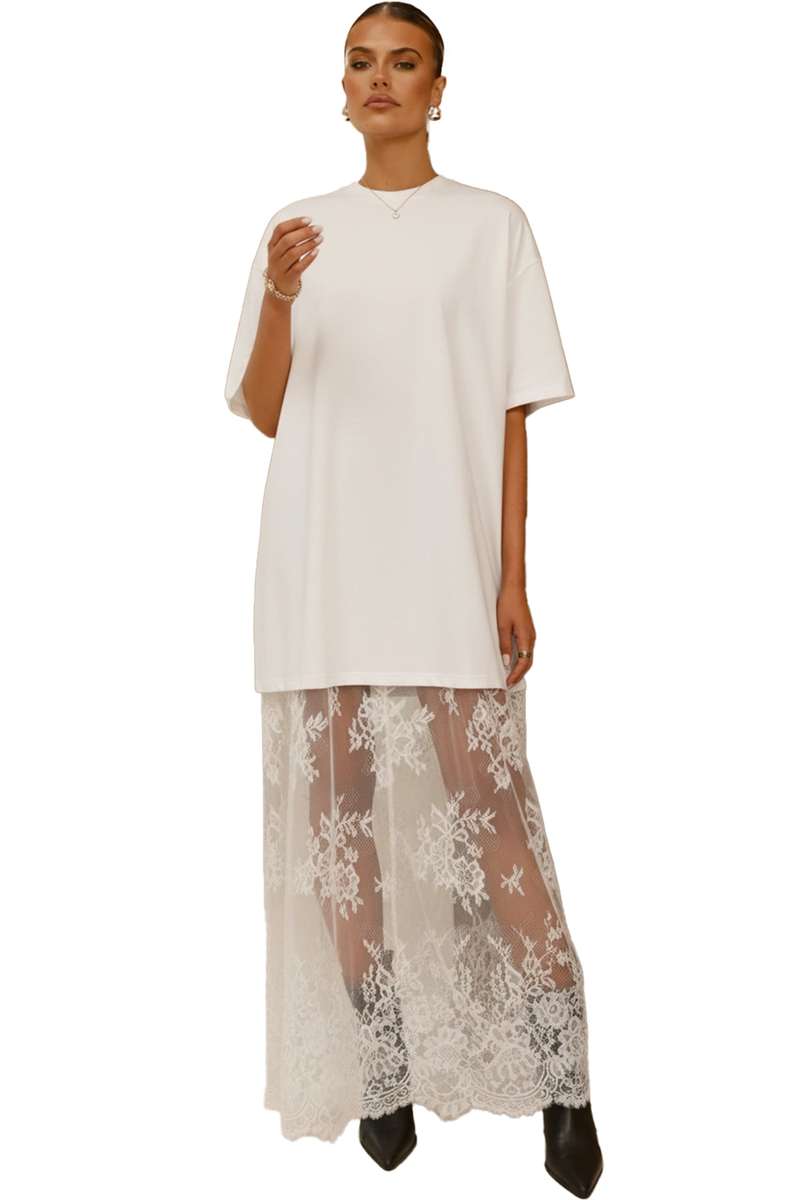 White Floral Patchwork Short Sleeve T Shirt Loose Maxi Dress