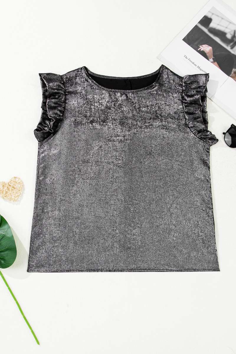 Silvery Metallic Round Neck Ruffle Trim Sleeveless Top