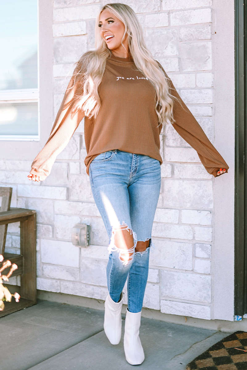 Khaki You Are Loved Print Corduroy Sweatshirt