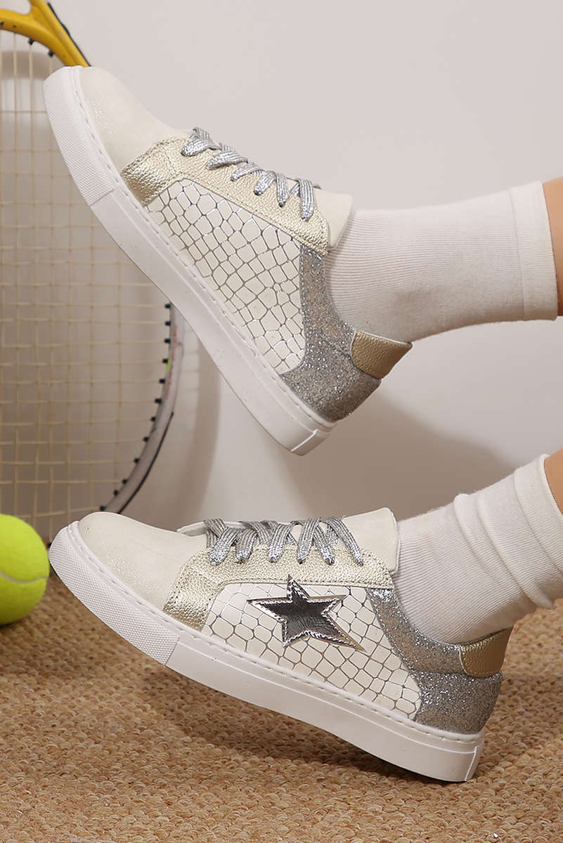 Silvery Glitter Star Patchwork PU Leather Lace-up Sneakers