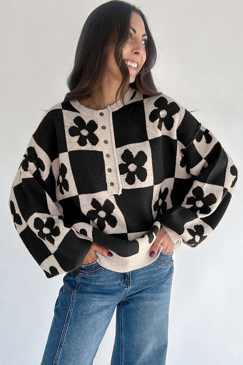 Black Flower Plaid Henley Baggy Sweater
