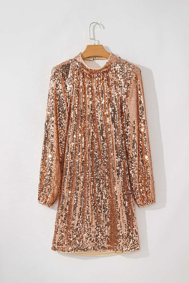 Gold Sequined Long Sleeve Cutout Back Mini Dress