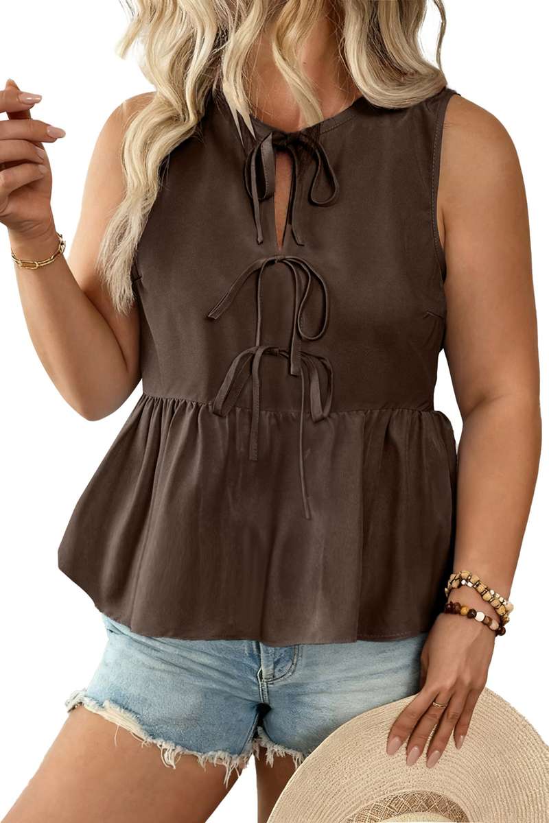 Coffee Plus Size Solid Color Bow Tie Peplum Tank Top