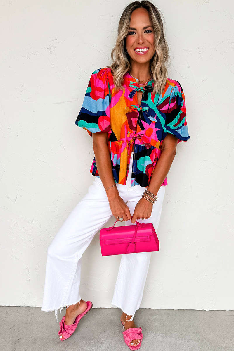 Red Abstract Floral Print Front Tied Puff Sleeve Babydoll Blouse