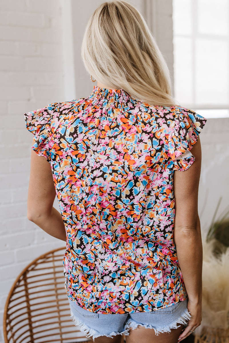 Orange Floral Print Flutter Sleeve Blouse Top