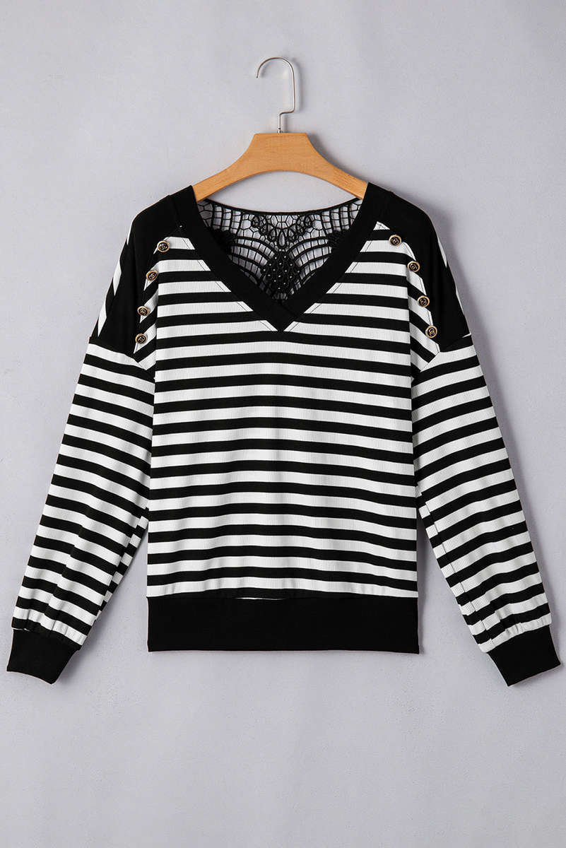Black Stripe Crochet Hollow-out Back Buttoned Shoulder V Neck Top