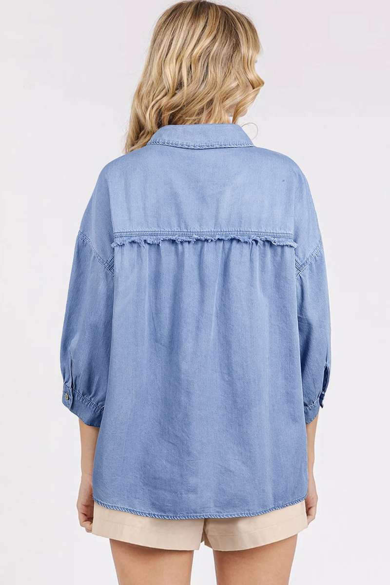 Myosotis Washed Drop Shoulder Bracelet Sleeve Chambray Shirt
