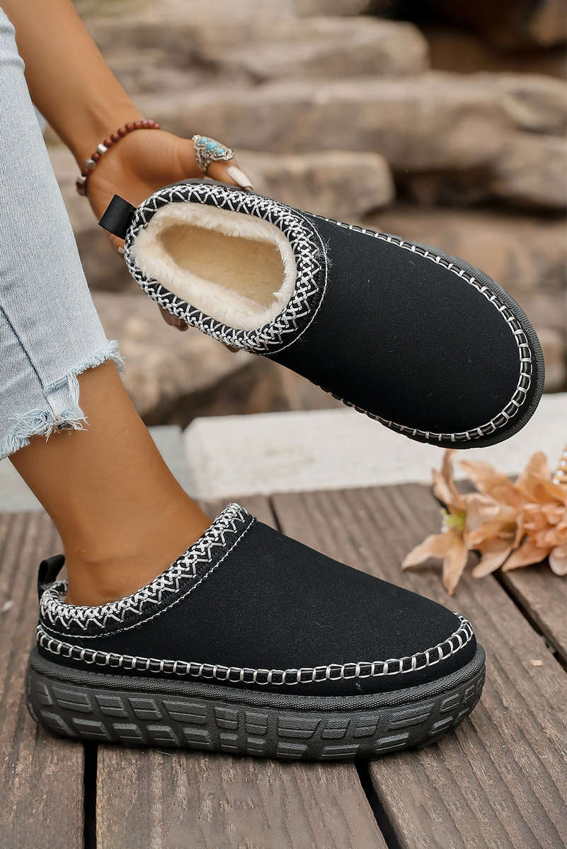 Black Contrast Stitch Detail Faux Suede PU Patchwork Plush Winter Clog Slippers