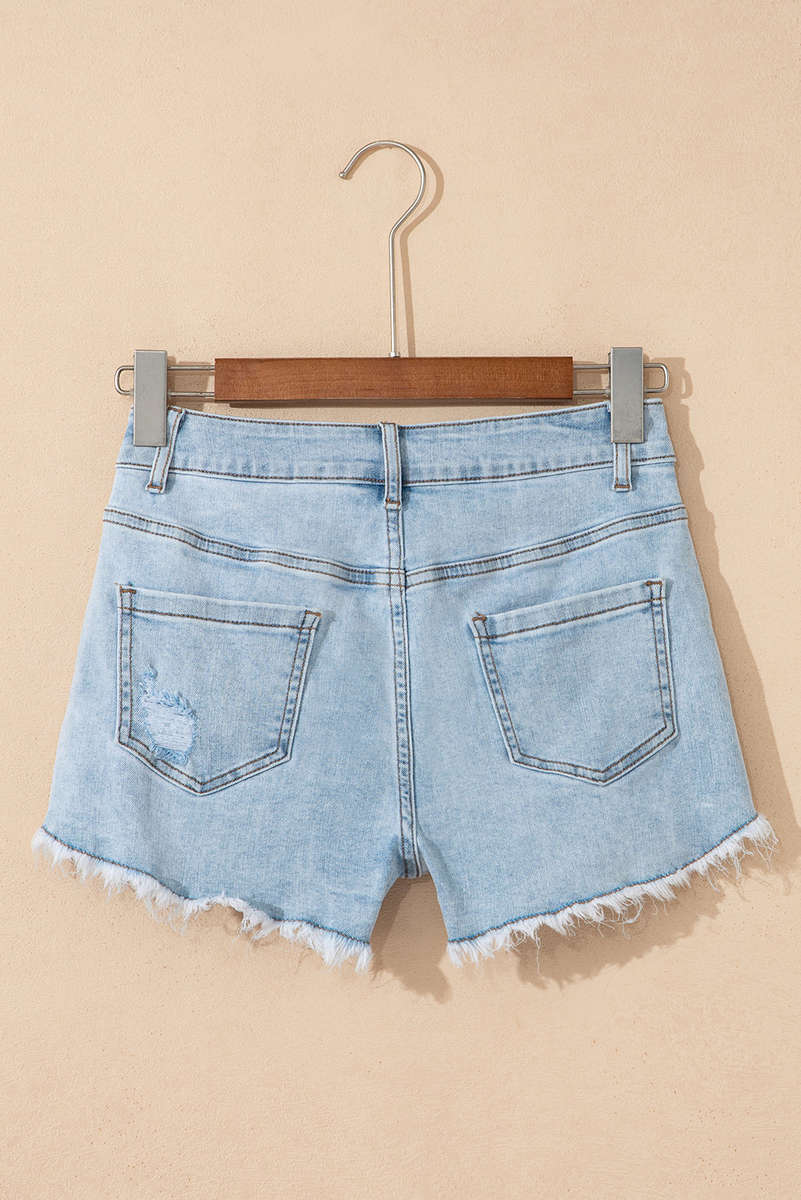 Beau Blue High Rise Distressed Raw Hem Denim Shorts