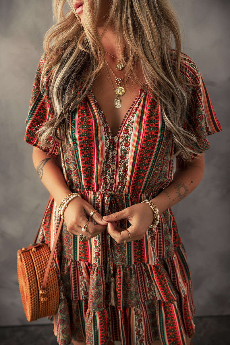 Red Bohemian Floral Print Buttoned V Neck Ruffle Tiered Dress