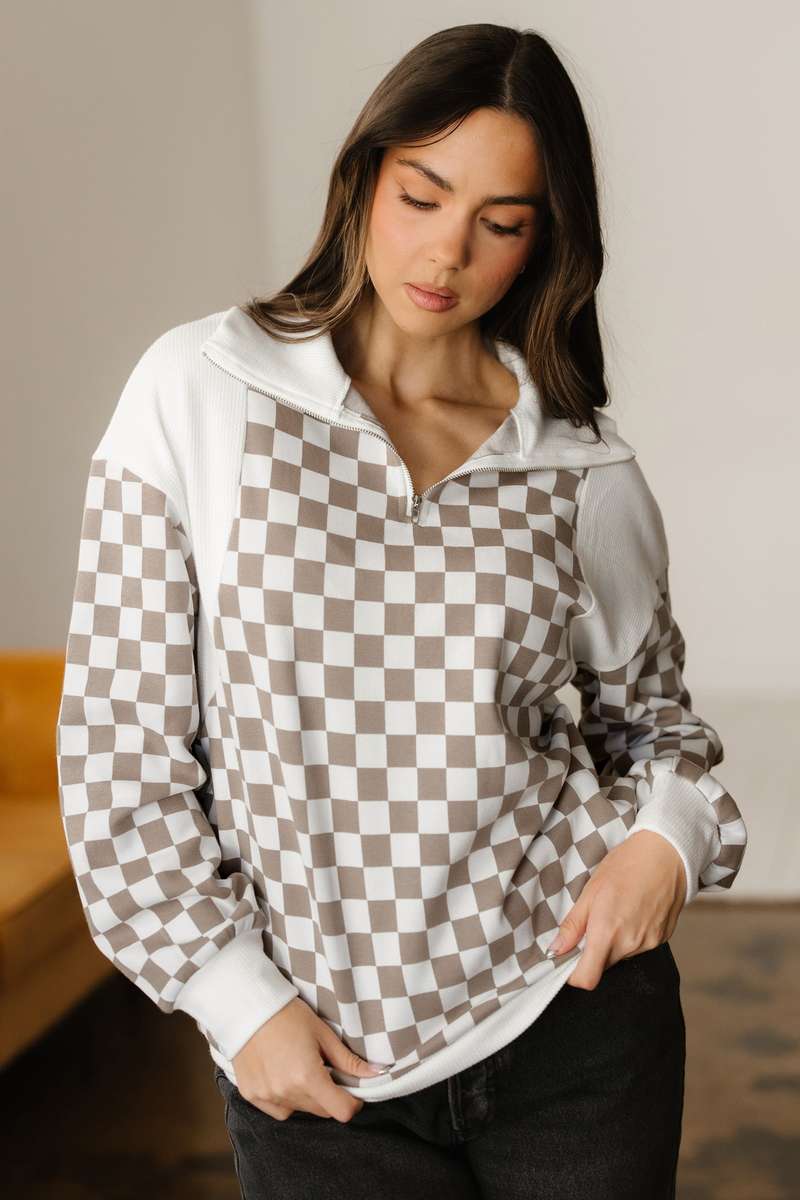 Khaki Checkered Print Quarter Zip Ribbed Patchwork Loose Sweatshirt