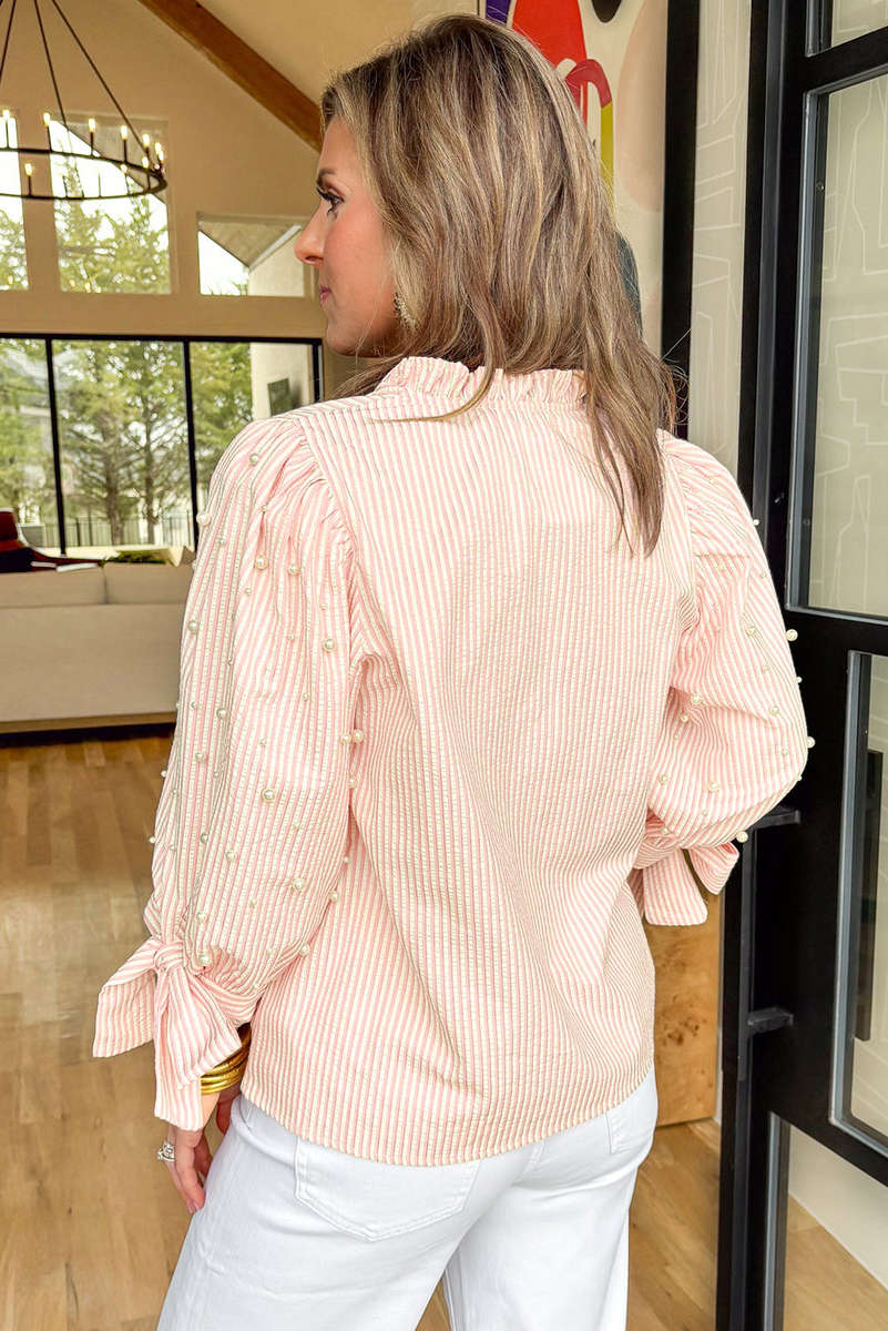 Pink Stripe Bow Knot Cuff Pearl Embellished Puff Sleeve V Neck Blouse