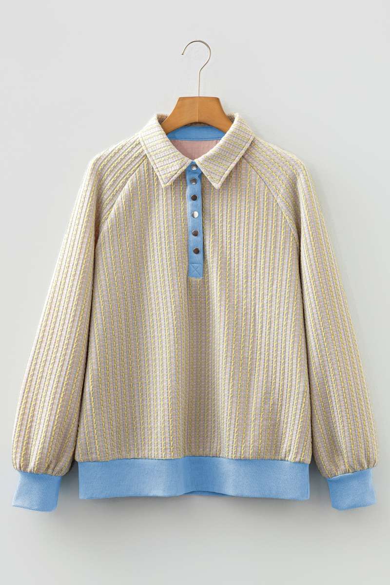 Beau Blue Button Front Jacquard Henley Sweatshirt
