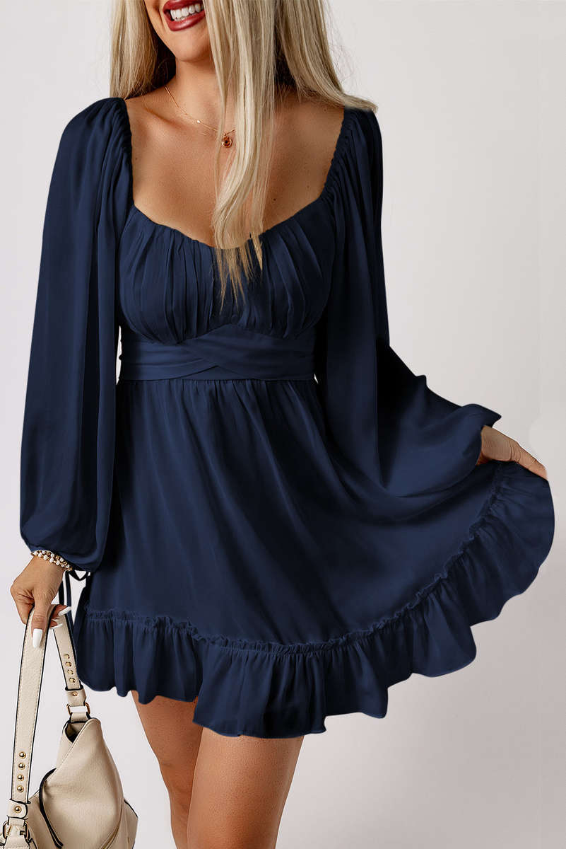 Blue White Plain Ruffled High Waist Square Neck Mini Dress
