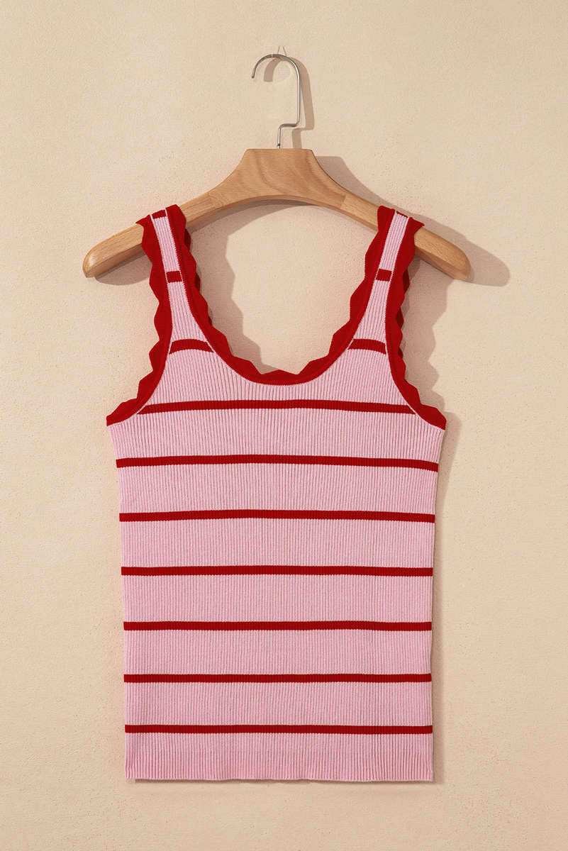 Rose Stripe Striped Scalloped Edge U Neck Sleeveless Sweater Vest