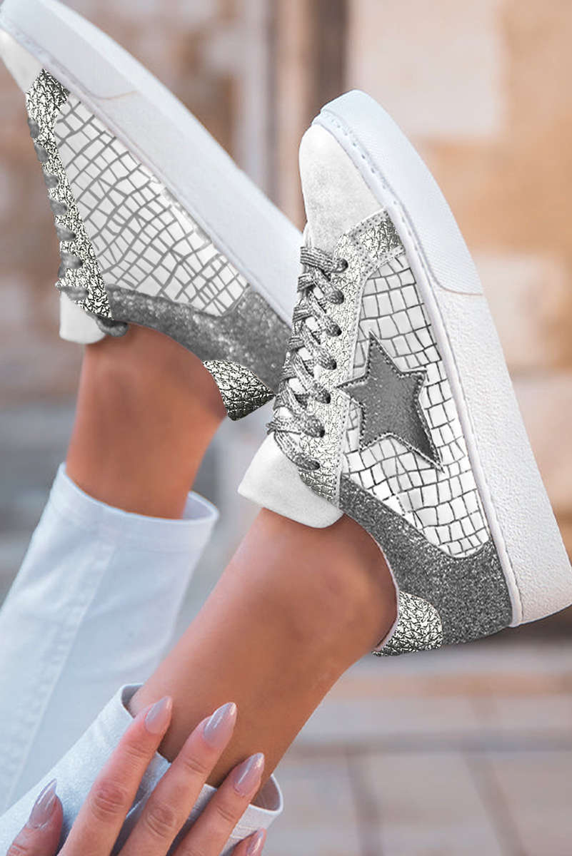 Silvery Glitter Star Patchwork PU Leather Lace-up Sneakers