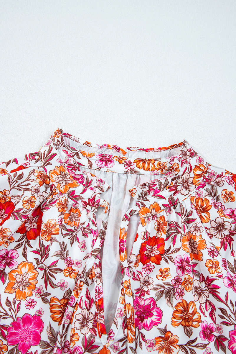 Pink Floral Print Tie Split Neck Bracelet Sleeve Blouse