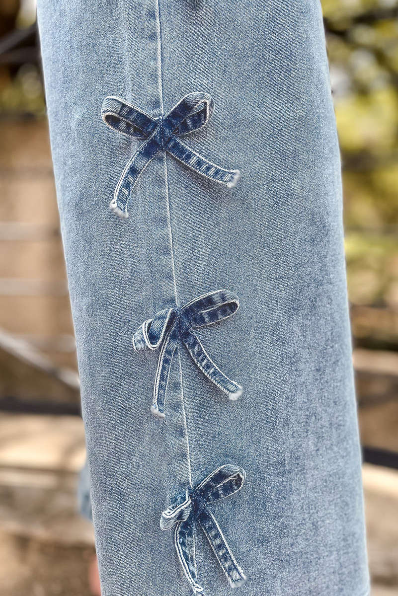 Beau Blue Bow Knot Side Detail Straight Leg Loose Jeans
