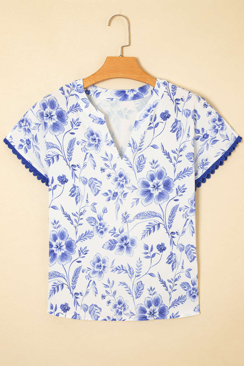 Blue Elegant Floral Print Ricrac Trim Short Sleeve Blouse