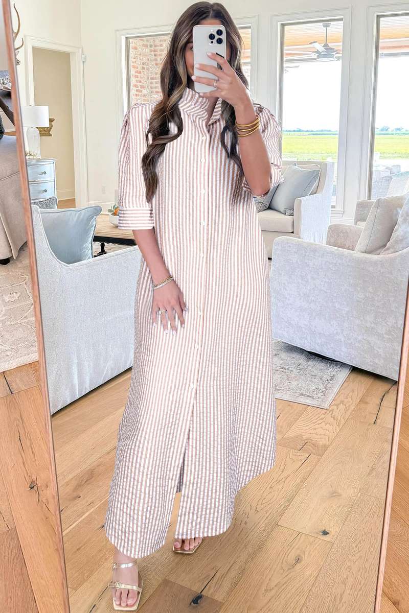 Khaki Stripe Frilled Collar Half Sleeve Shirt Maxi Dress