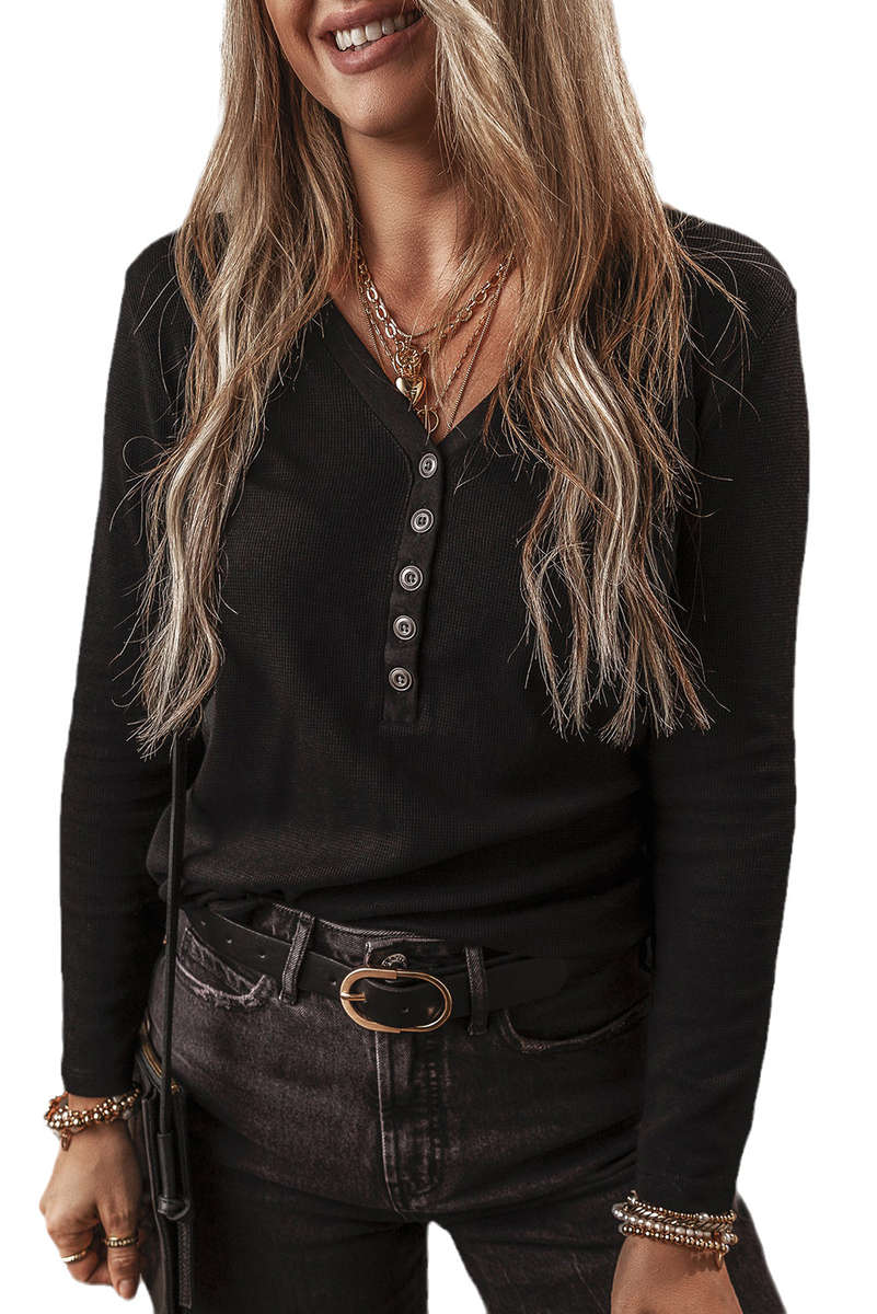 Black Buttoned V Neck Long Sleeve Ribbed Top