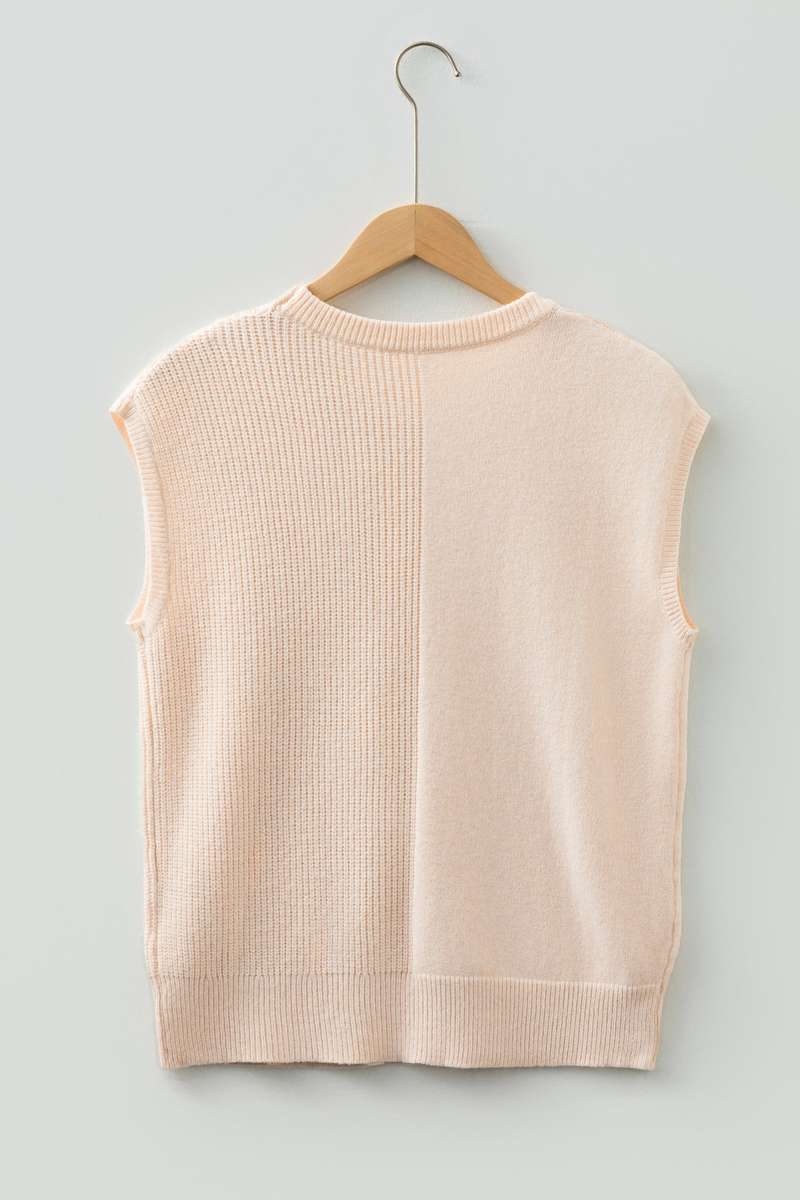 Jet Stream Solid Color Mixed Knits Patch Pocket Short Sleeve Sweater