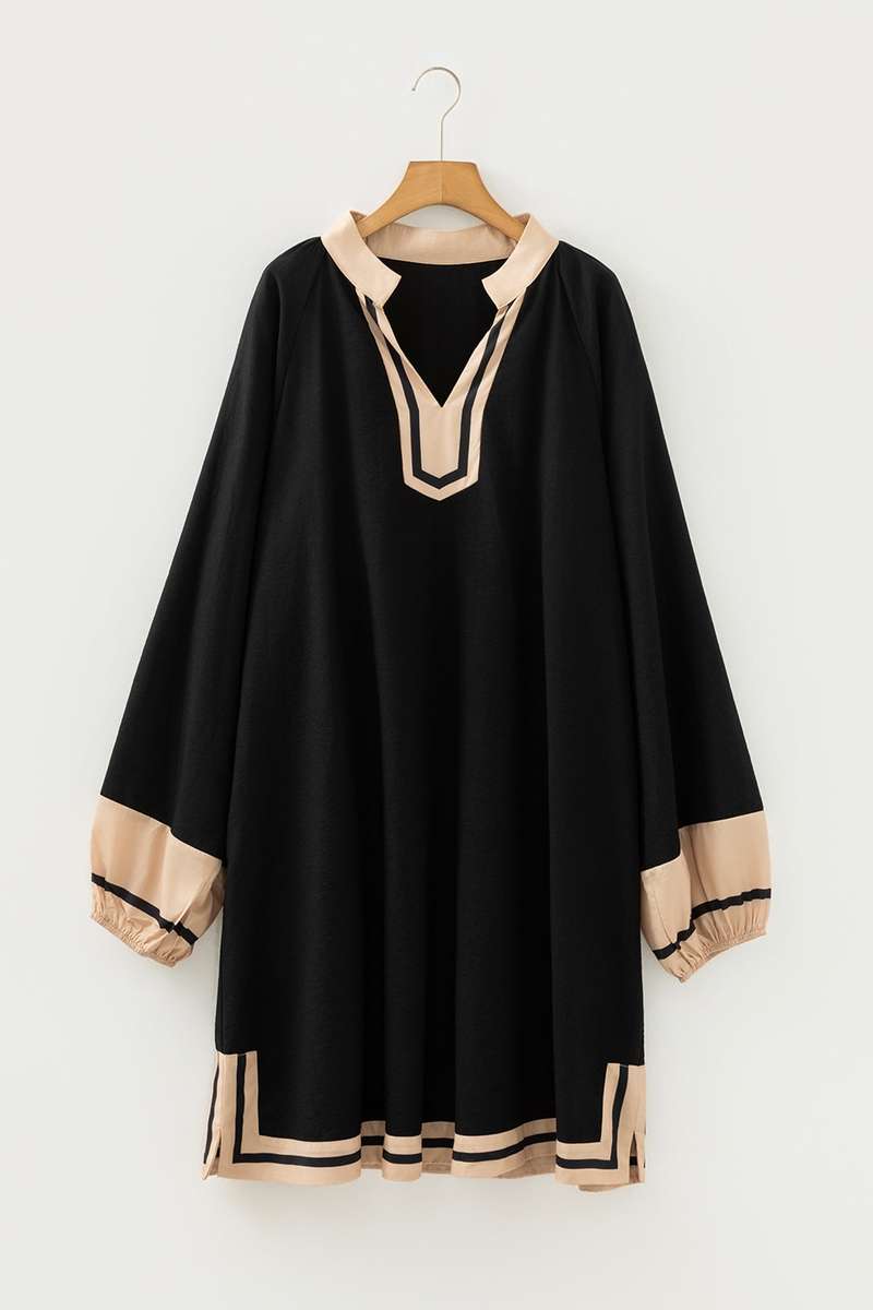 Black Plus Size Color Block Striped Trim V Neck Long Sleeve Shift Mini Dress