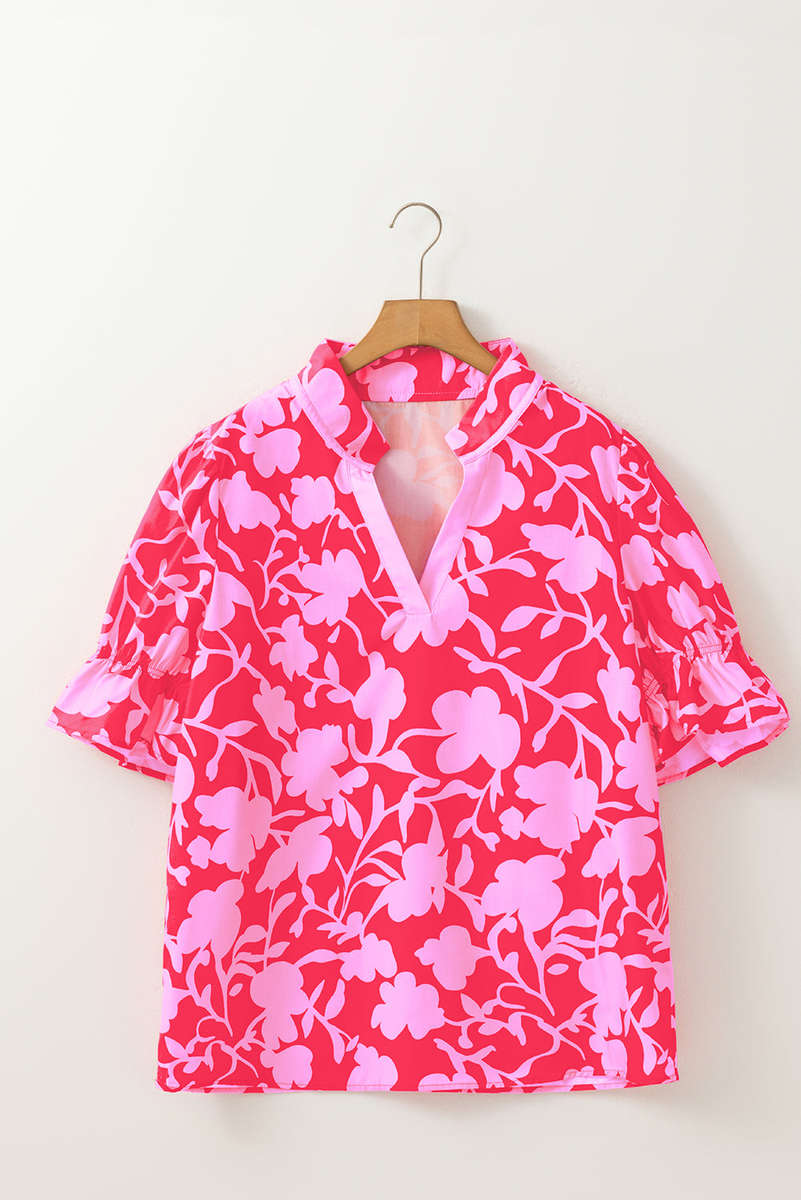 Red Floral Split V Neck Ruffled Short Sleeve Blouse Top