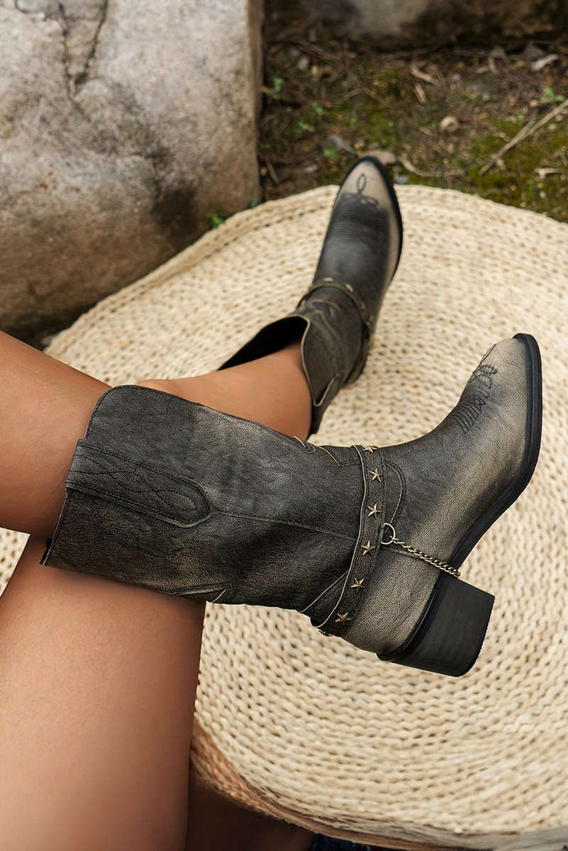 Dark Brown Western Distressed Pointed Toe Chunky Heel Boots