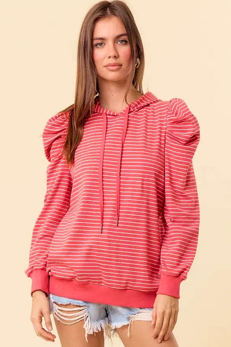 Red Stripe Puff Sleeve Stripe Hoodie