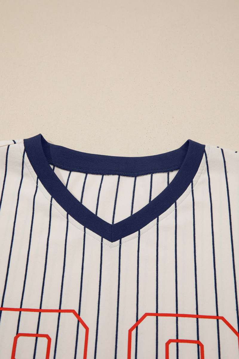 Blue Stripe 88 LOS ANGEL Graphic Lace Patchwork Faux Two Piece V Neck Top