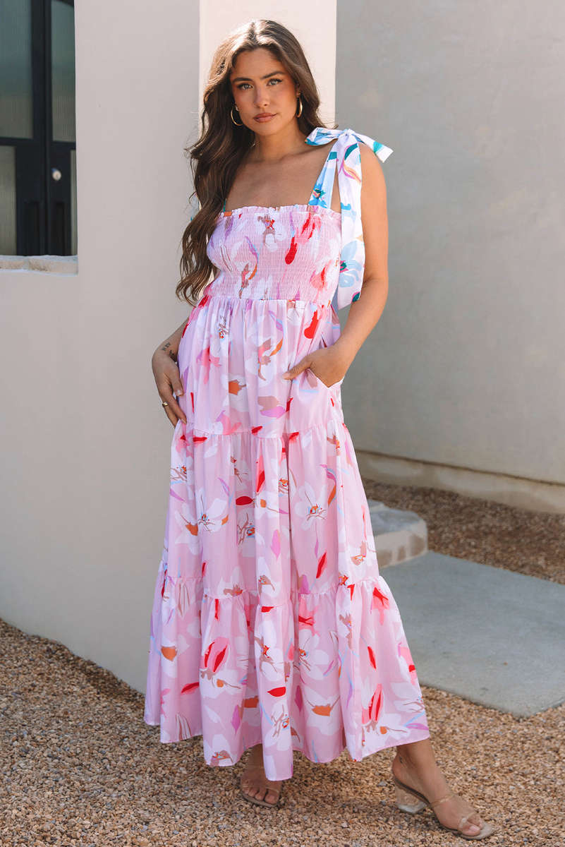 Pink Floral Print Knotted Shoulder Smocked Maxi Dress
