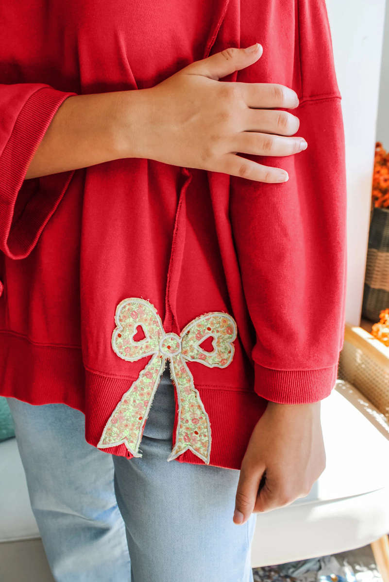 Fiery Red Floral Bow Patched Exposed Seam Patchwork Slit Baggy Sweatshirt