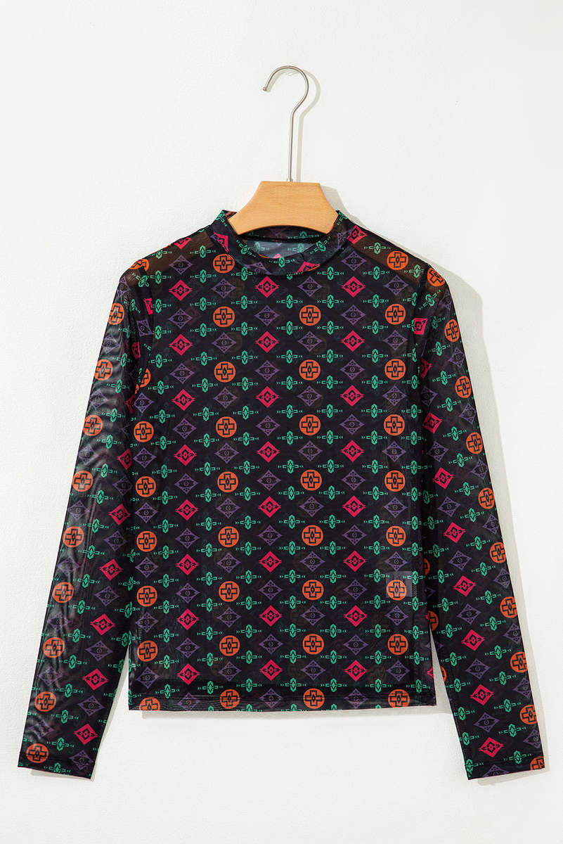 Black Western Aztec Printed Long Sleeve Mesh Top