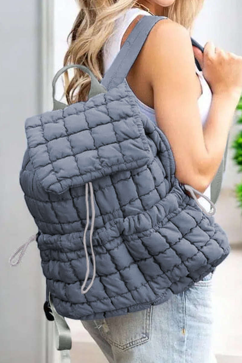 Dusk Blue Solid Flapped Quilted Puffer Backpack