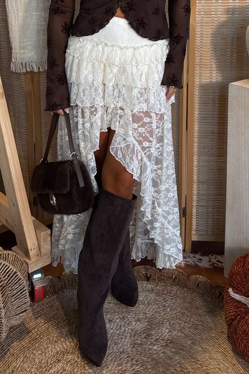 White Sheer Lace Frilly Ruffles High Low Long Skirt