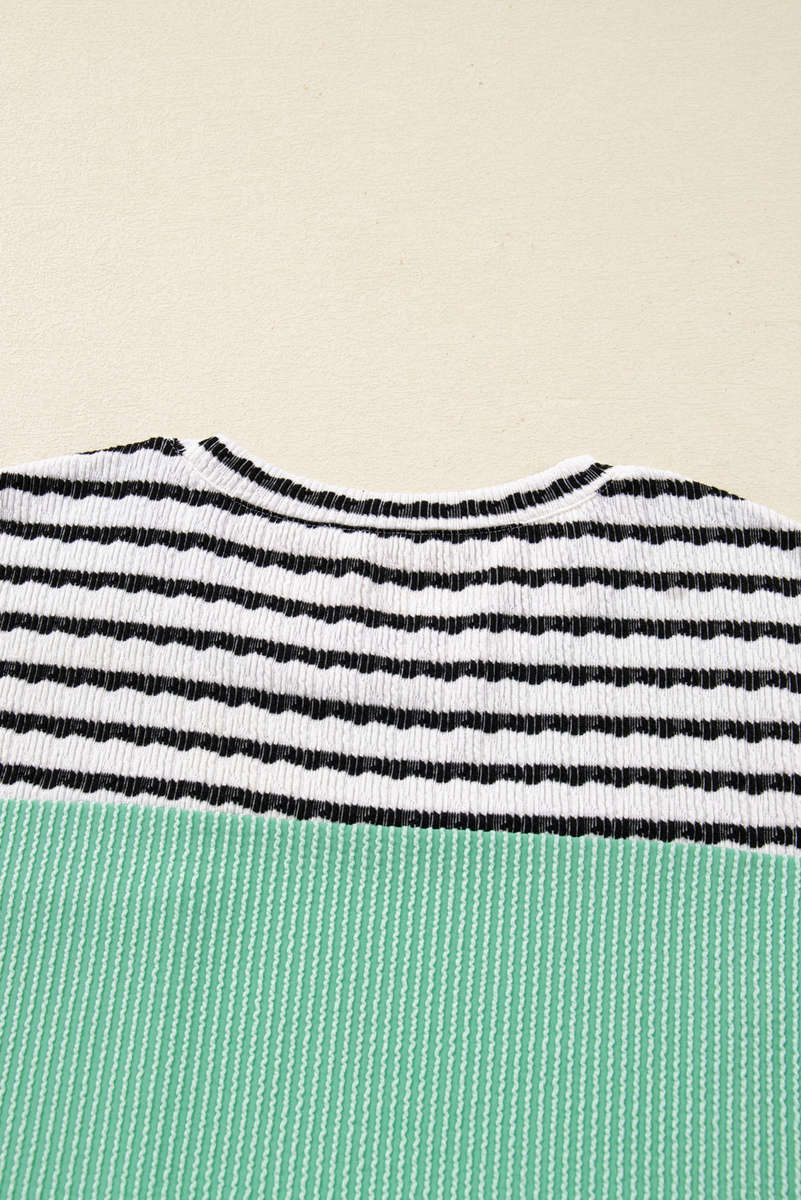 Sea Green Twisted Ribbed Contrast Round Neck Striped Patchwork Long Sleeve Top