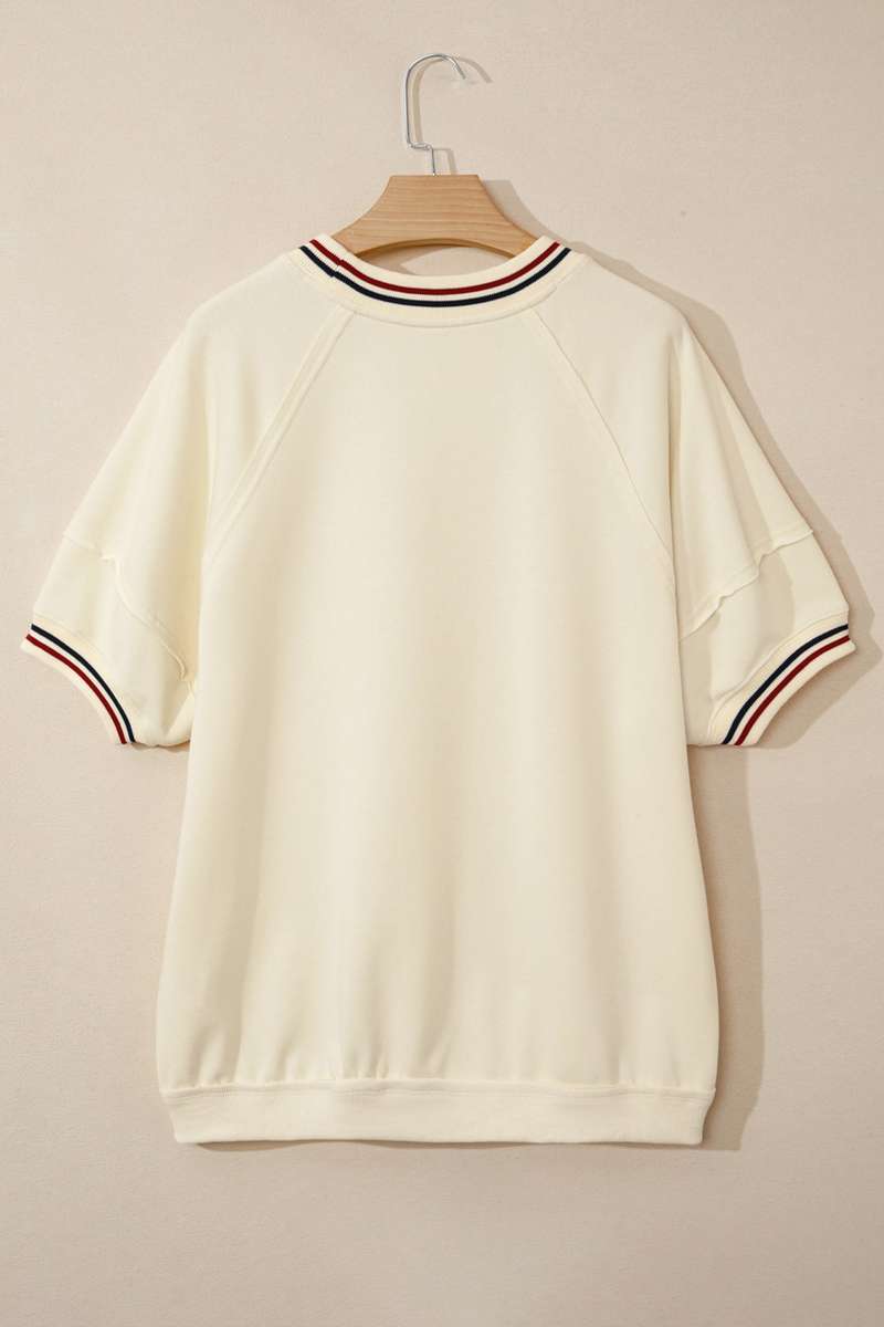 Beige Contrast Varsity Striped Neckline Cuffed Short Sleeve Loose Tunic Top