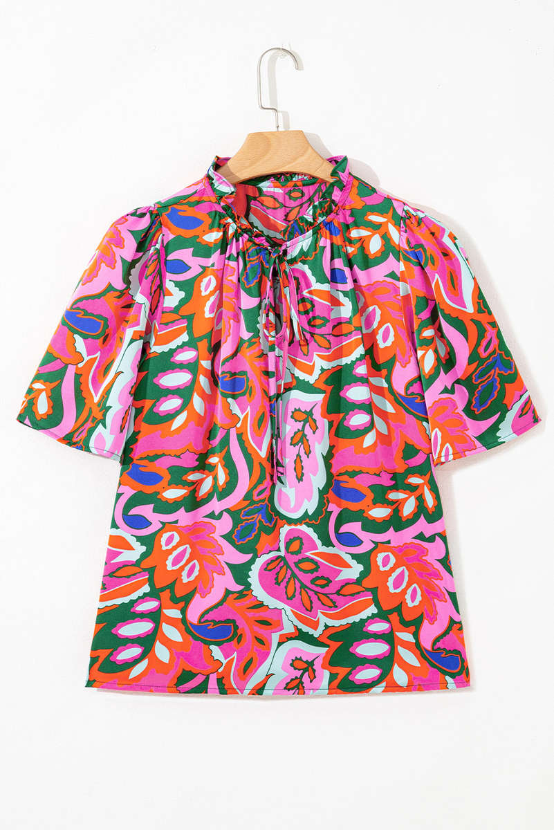 Rose Summer Plant Print Lace up V Neck Short Sleeve Blouse
