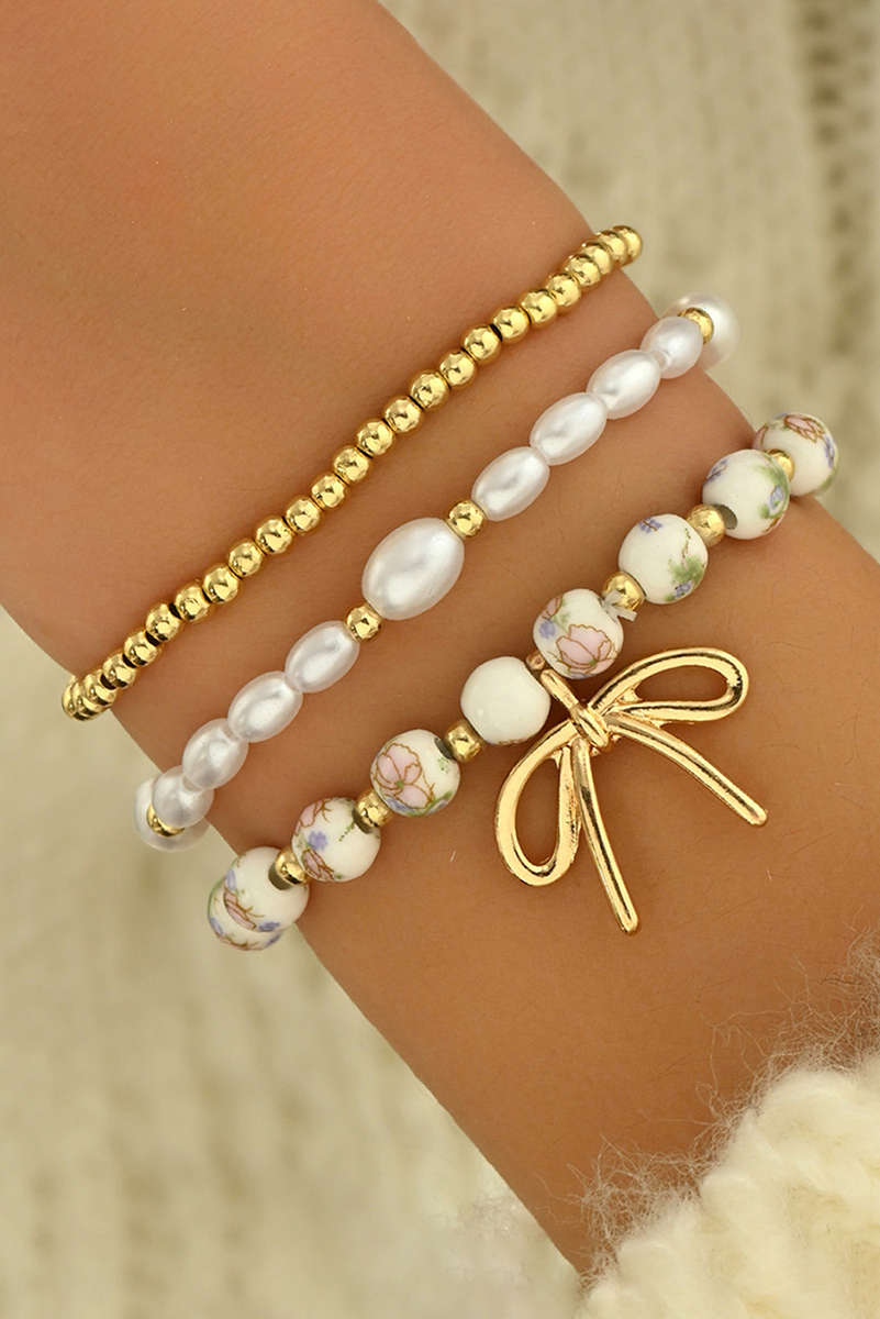 Gold Bow Knot Charm Beaded Triple Layer Bracelet Set