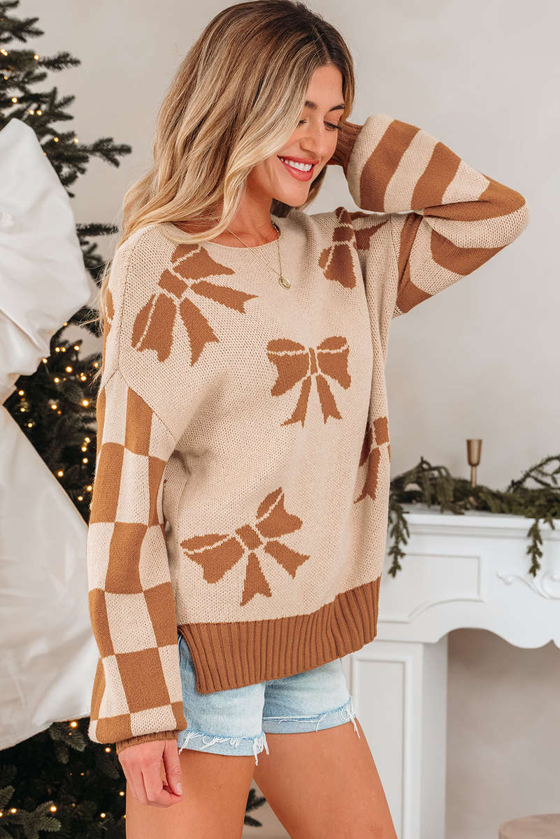 Straw Yellow Ribbon Bow Print Checkered Striped Sleeve Drop Shoulder Sweater
